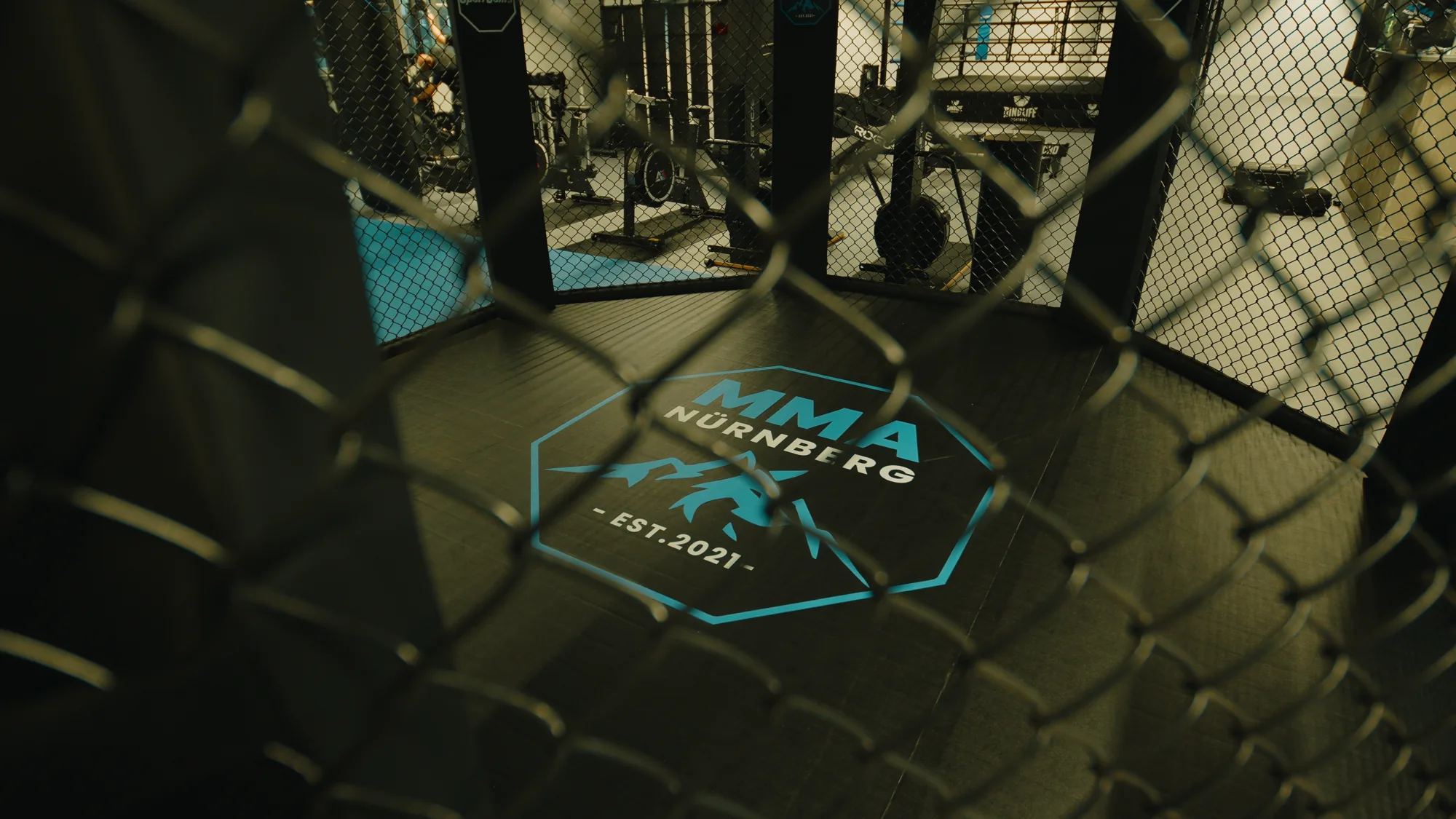 Blick durch den Käfig auf das MMA-Nürnberg-Logo auf der Matte